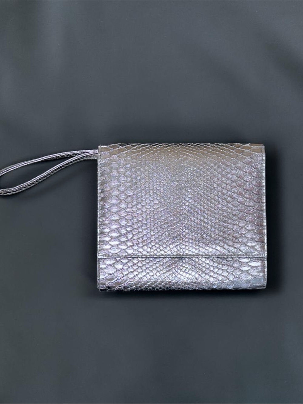 Neiman Marcus Iridescent Pewter Snake-Embossed Wristlet Clutch